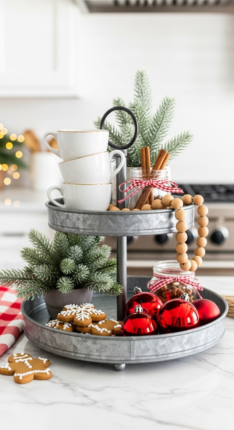 Two-tiered galvanized metal tray styled with gingerbread cookies red ornaments espresso cups and cinnamon sticks