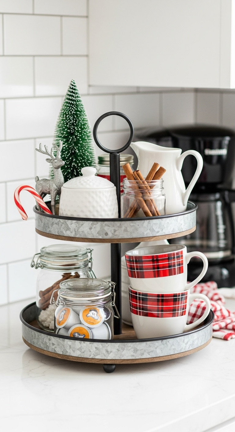 Two-tiered rustic wood and metal tray coffee station with plaid mugs pods sugar creamer and cinnamon sticks