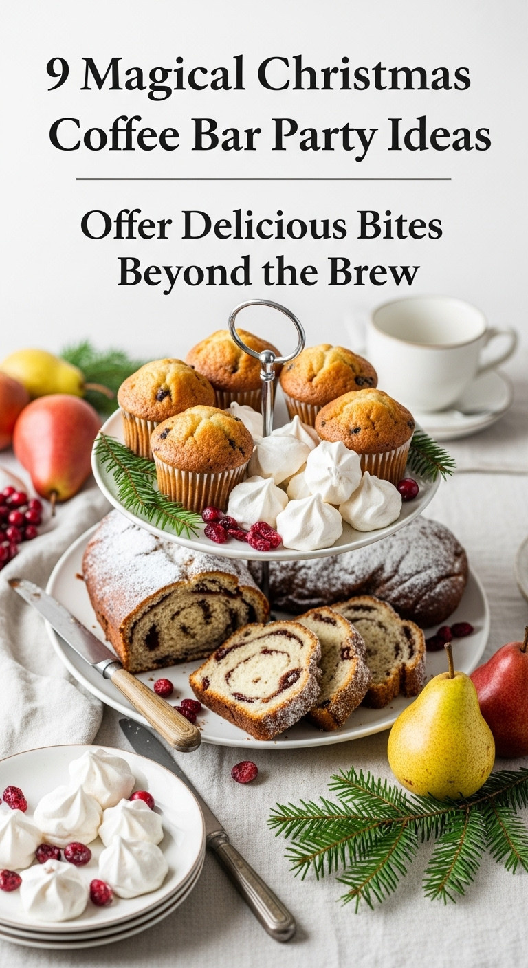 Two-tiered tray with gourmet muffins meringue kisses holiday sweet bread and pears on a white linen tablecloth