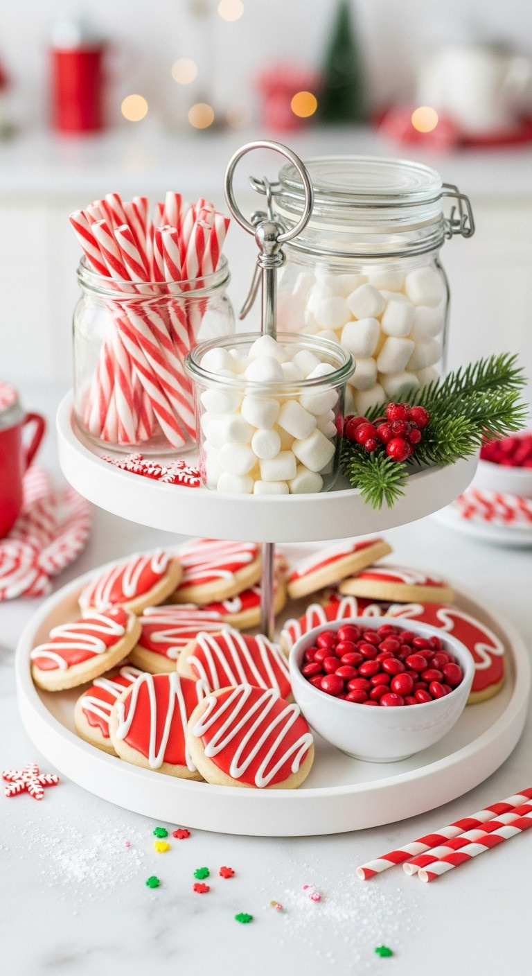 Two-tiered tray with red and white Christmas treats including peppermint sticks marshmallows sugar cookies and MMs