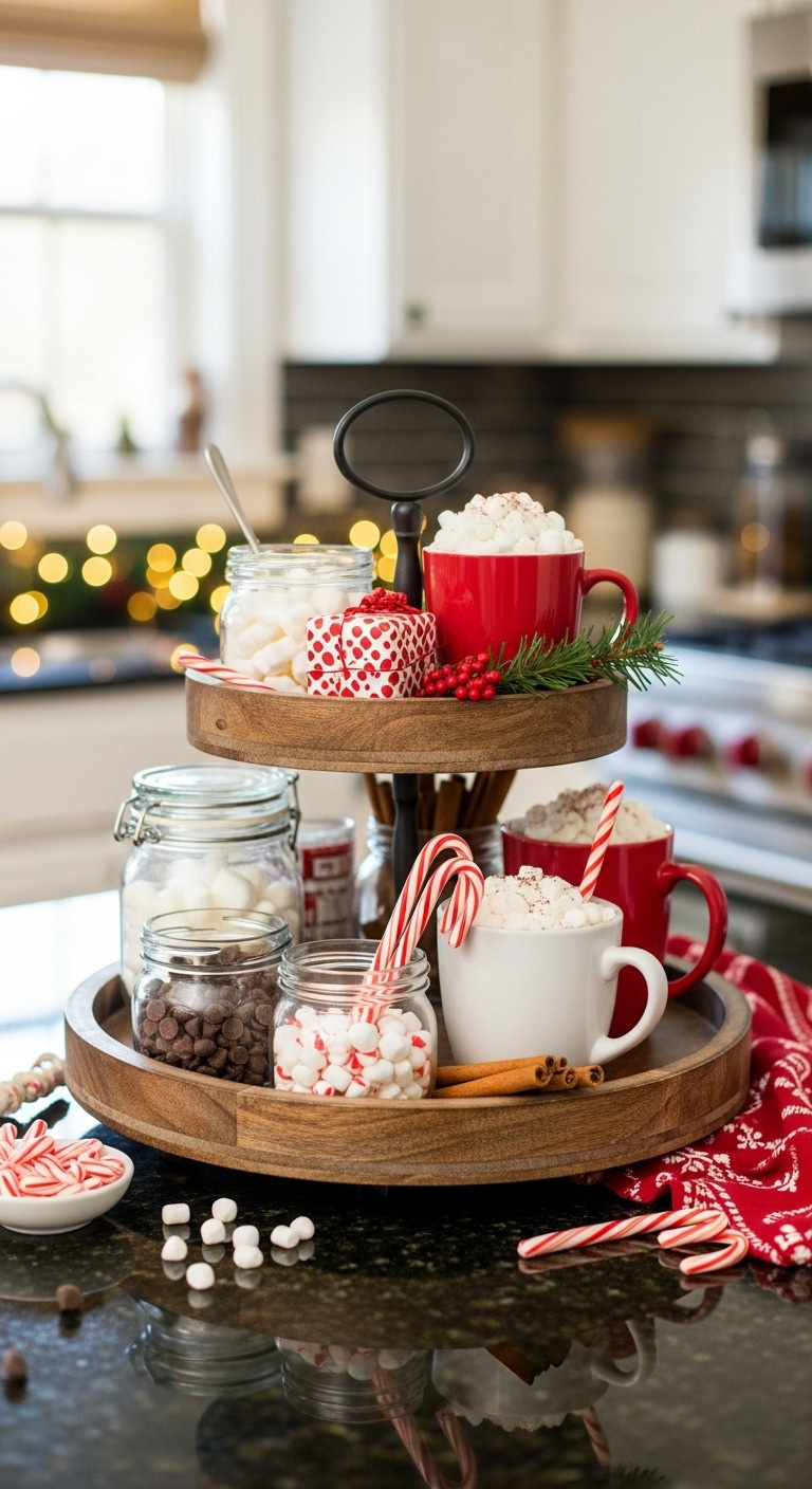 Two-tiered wooden tray with Christmas coffee and hot cocoa toppings on a dark granite countertop
