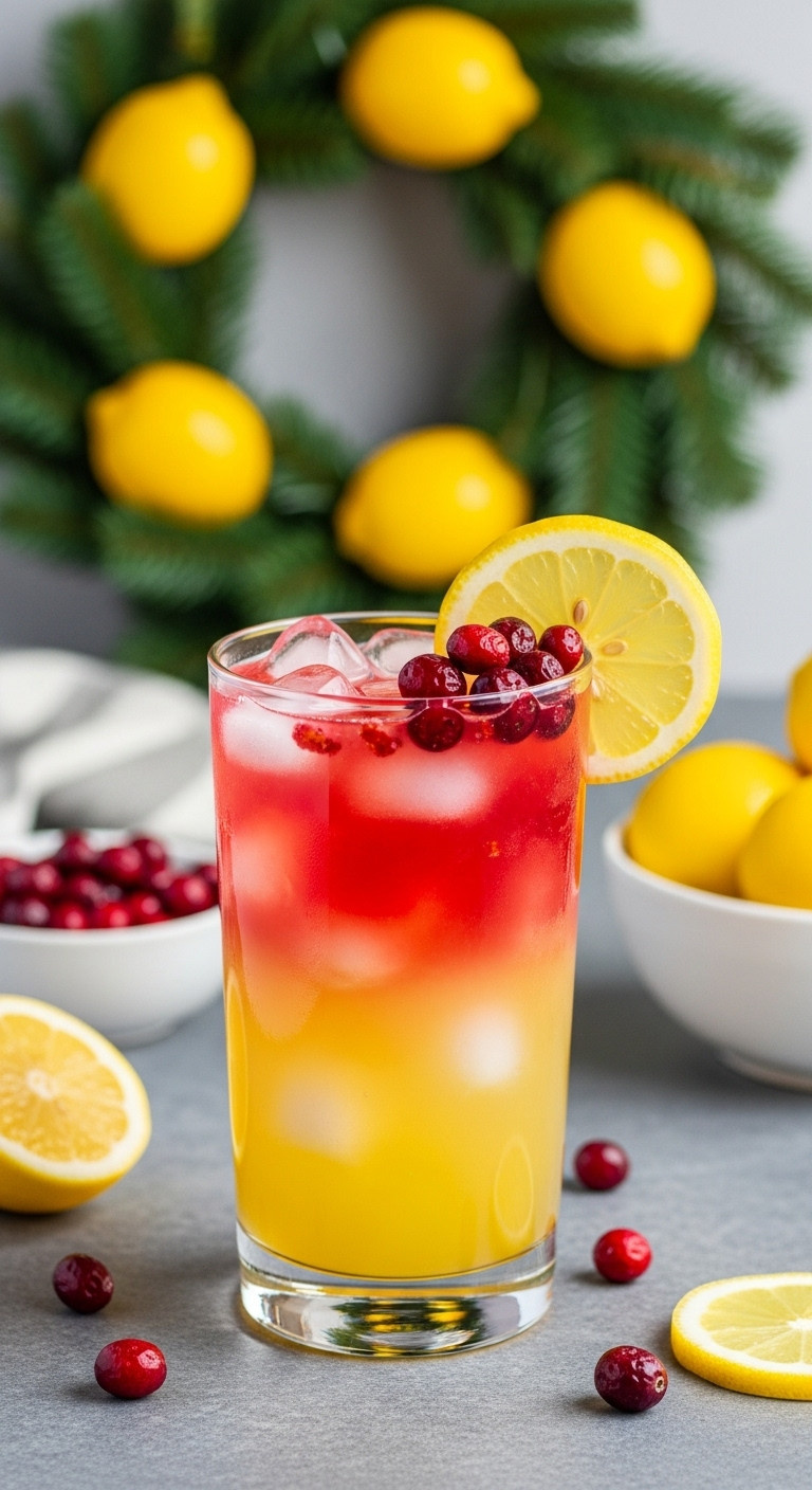 Two-toned iced Cran-Merry Lemonade with lemon wheel, cranberries, and a wreath with lemons on a stone surface