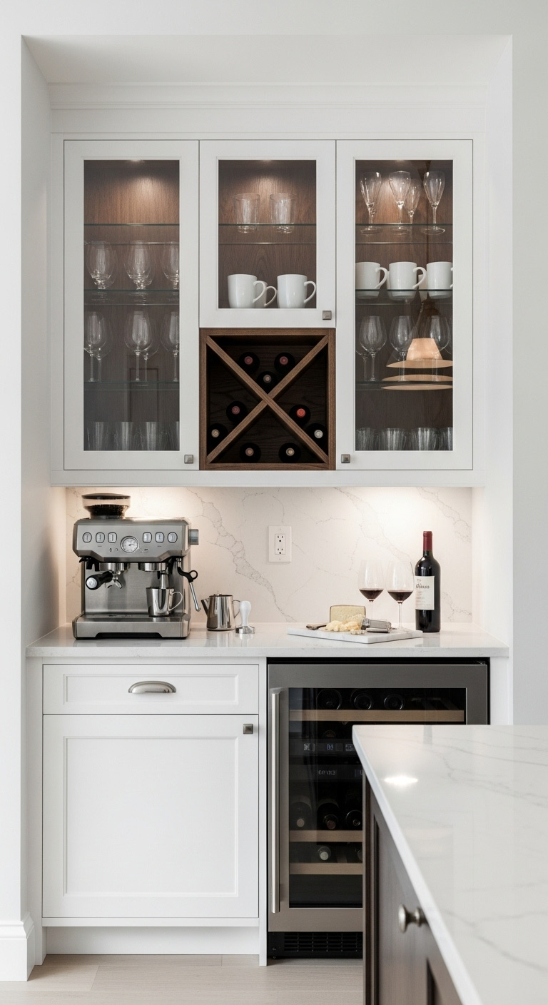 Ultimate built in white cabinet beverage center with espresso machine wine fridge glass doors and wood wine rack
