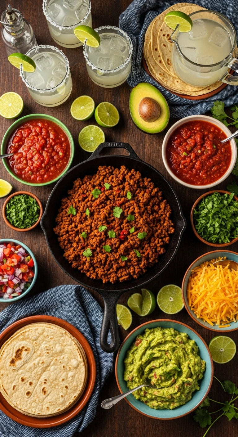 Ultimate taco bar with cast iron skillet ground beef salsa guacamole cheese tortillas and margaritas