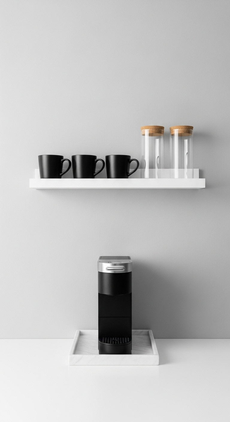 Ultra clean minimalist coffee station with a slim white floating picture ledge and matte black mugs on a gray wall