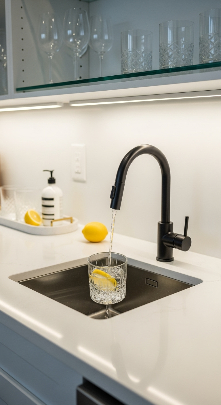 Ultra-functional compact wet bar with stainless steel sink matte black faucet and rinsing cocktail glass