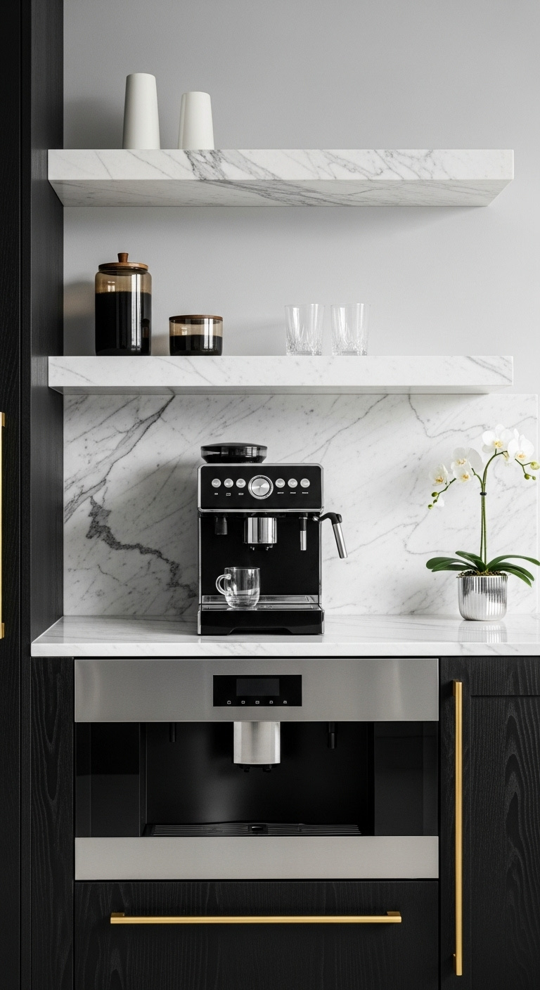 Ultra-luxurious modern coffee bar with rich black wood grain cabinets white Carrara marble shelves and a built-in coffee machine