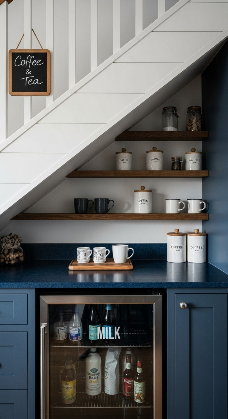 Under-the-stairs hideaway transformed into a cozy coffee bar with a dark blue countertop and mini-fridge