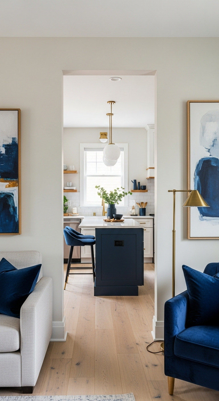 Unified color palette in open-concept kitchen living room with greige walls and navy accents