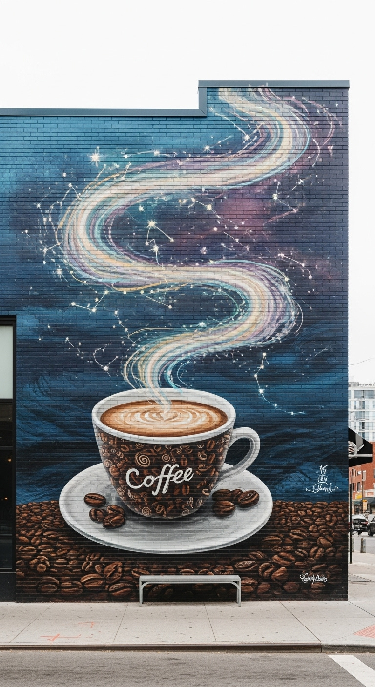 Unique art memorable features with a vibrant coffee themed mural on the exterior brick wall of a coffee shop