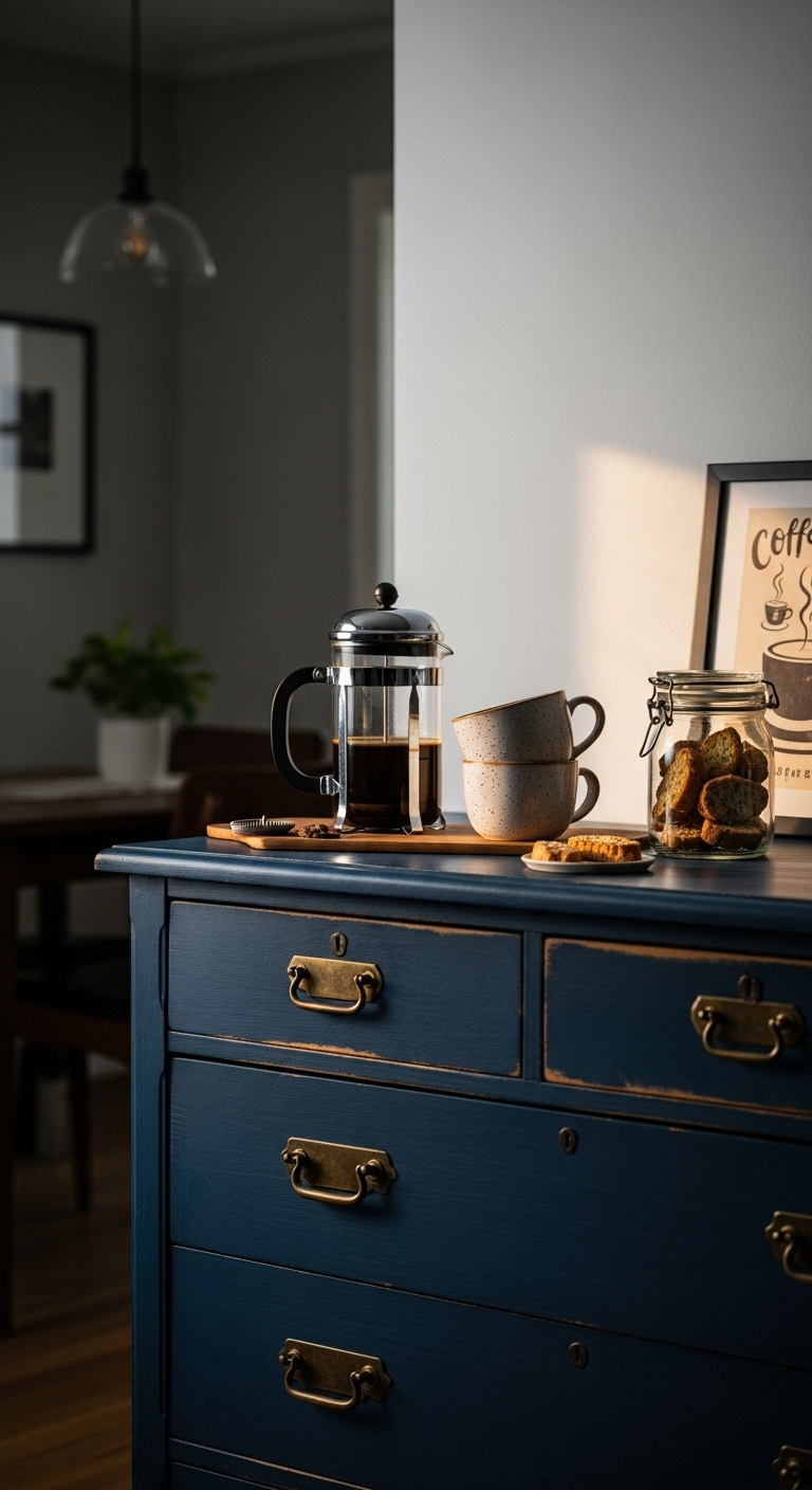 Upcycled dresser coffee bar in navy blue with French press mugs and biscotti on top