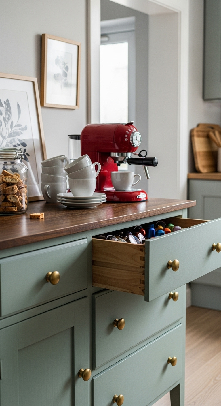 Upcycled dusty sage green dresser serving as a coffee bar with a red retro espresso machine and brass knobs