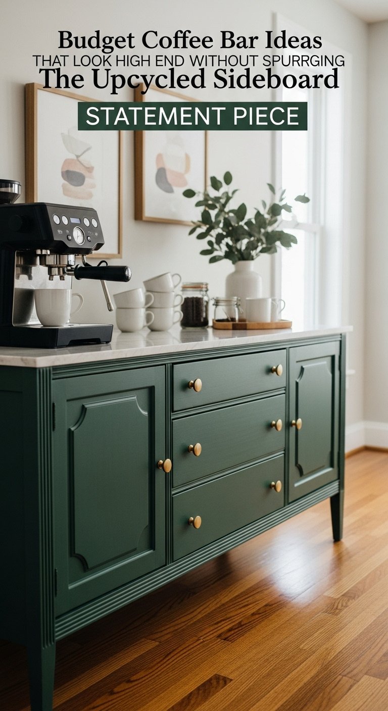 Budget Coffee Bar Ideas That Look High End Without Splurging 1 Upcycled emerald green vintage sideboard transformed into an elegant coffee bar with an espresso machine and brass knobs on hardwood floors