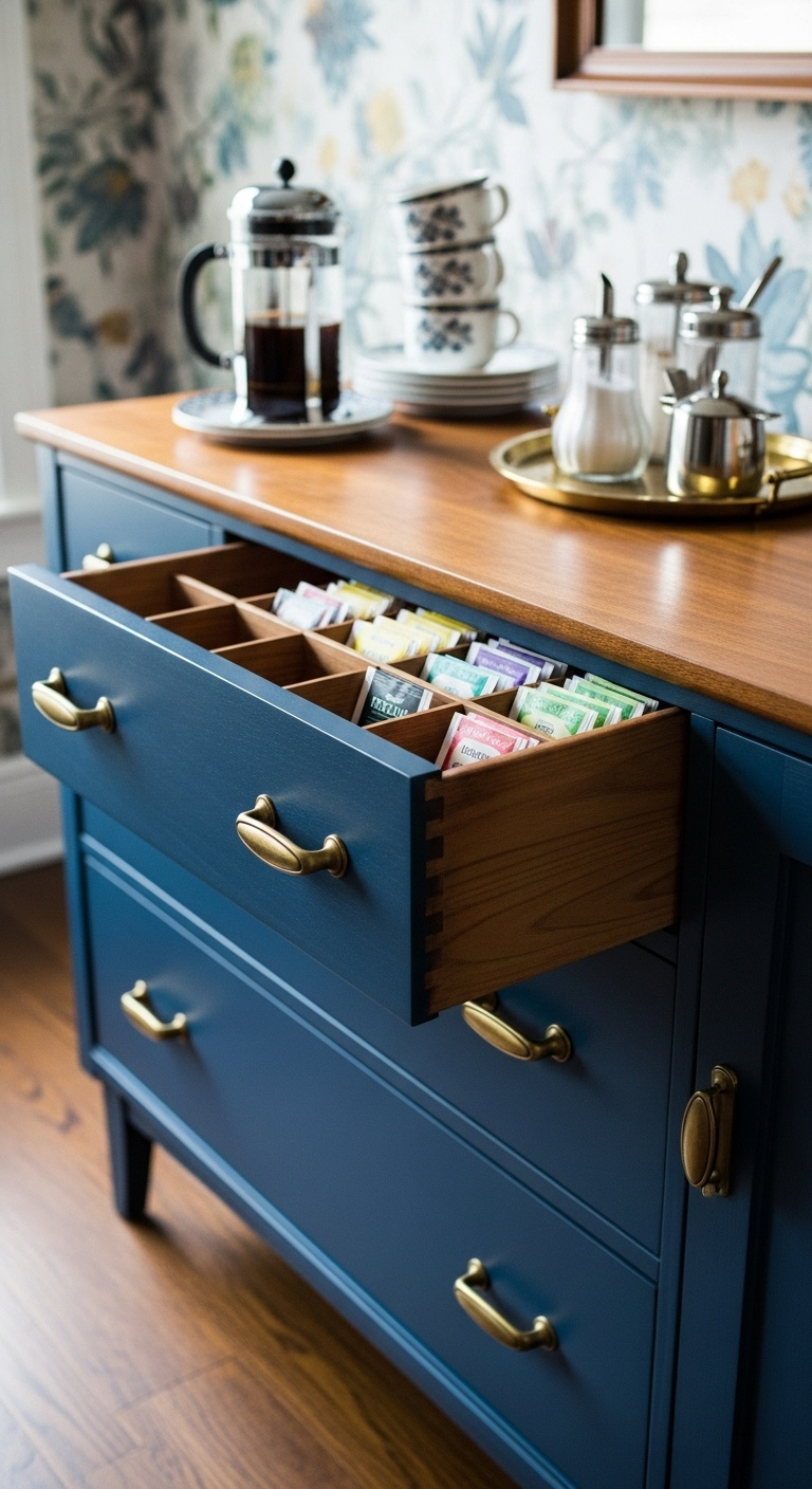 Upcycled mid century modern dresser painted deep navy blue with polished brass hardware as a coffee bar with tea bags in open drawer