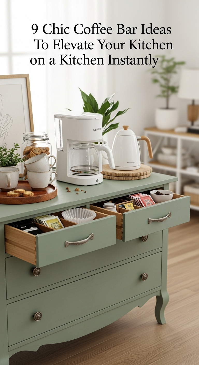 Upcycled vintage sage green dresser repurposed as a coffee station with white coffee maker mugs and open drawer with filters