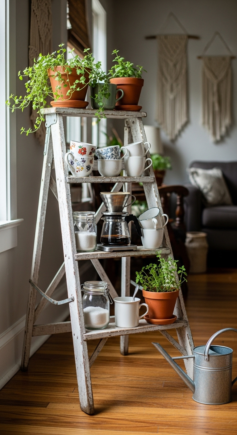 Upcycled white wooden stepladder as a rustic coffee and plant stand with a drip coffee maker mugs and herbs