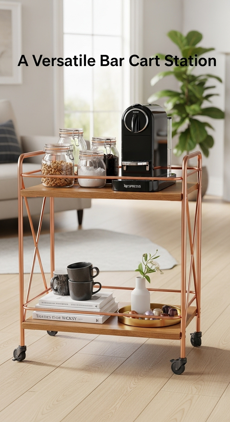 Versatile bar cart coffee station with wood and copper accents, Nespresso machine, and organized mugs