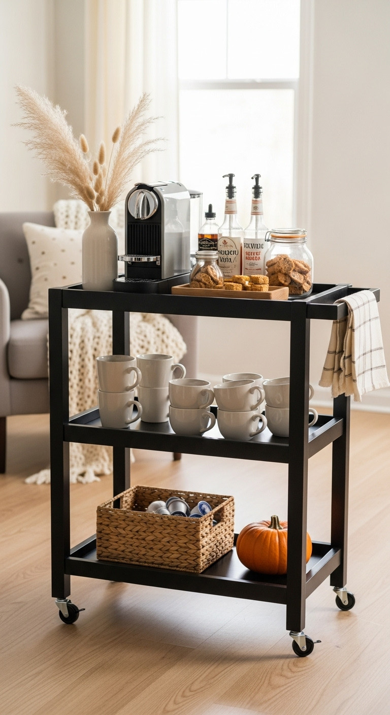 Versatile mobile coffee cart with espresso machine, syrups, biscotti, fall mugs, and pampas grass in a cozy living room