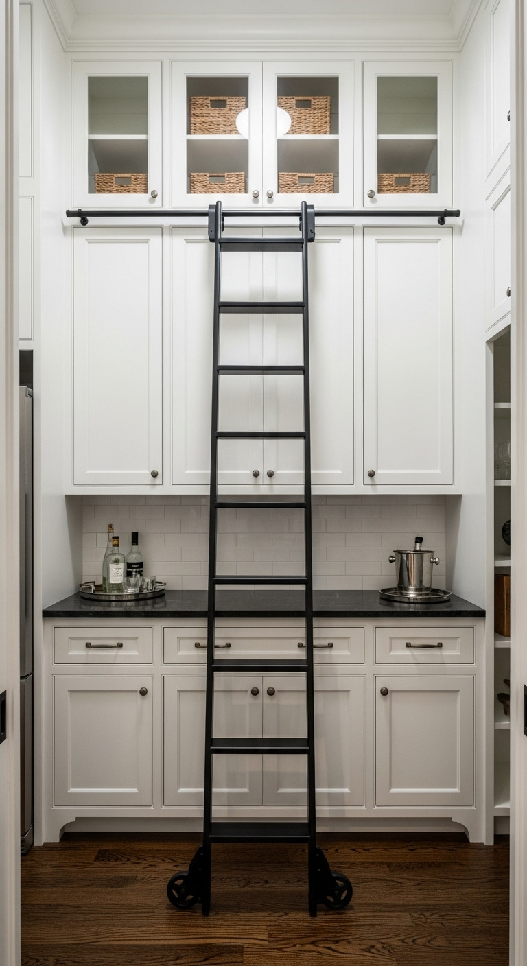 Vertical-access bar with rolling ladder in tall white butler's pantry with floor-to-ceiling cabinets