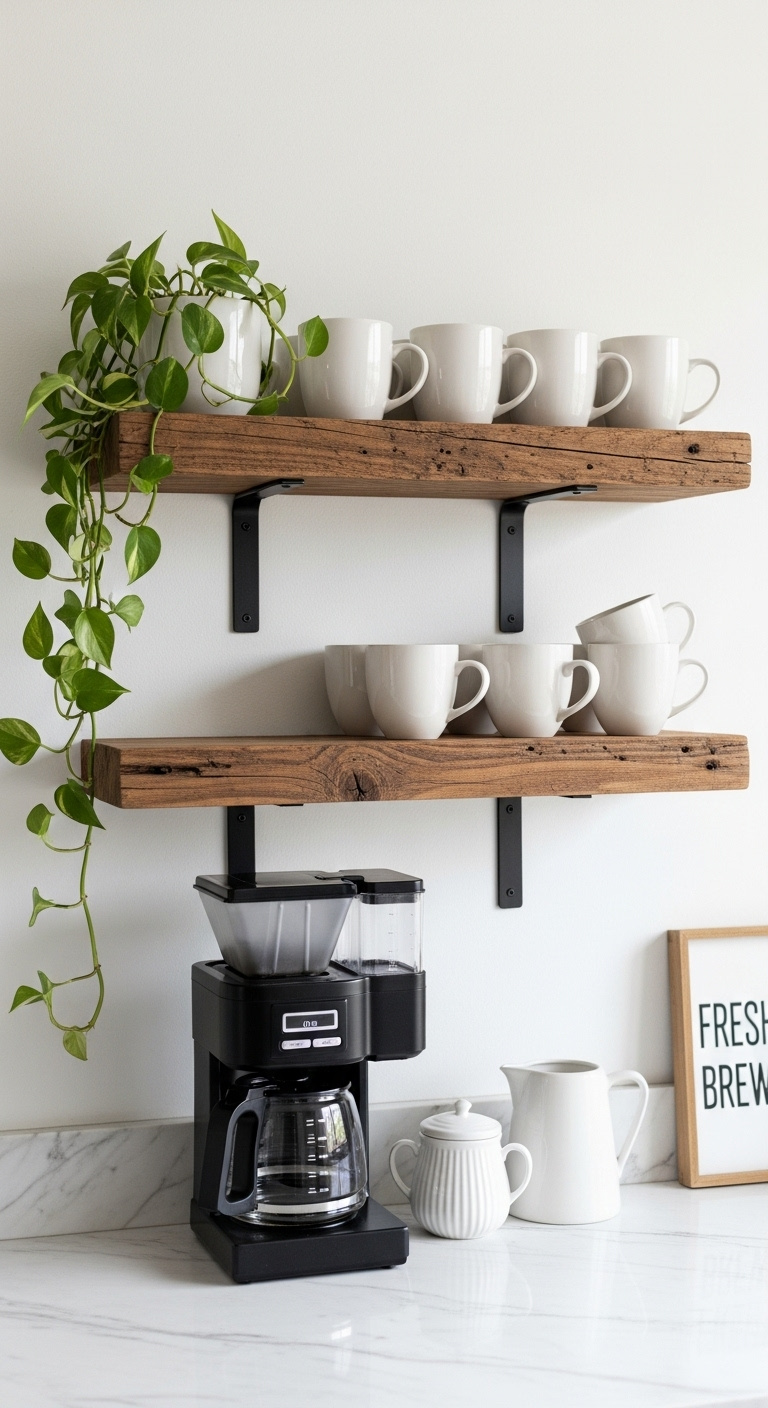 Vertical charm coffee bar with rustic floating shelves black coffee maker white mugs and pothos plant on white wall