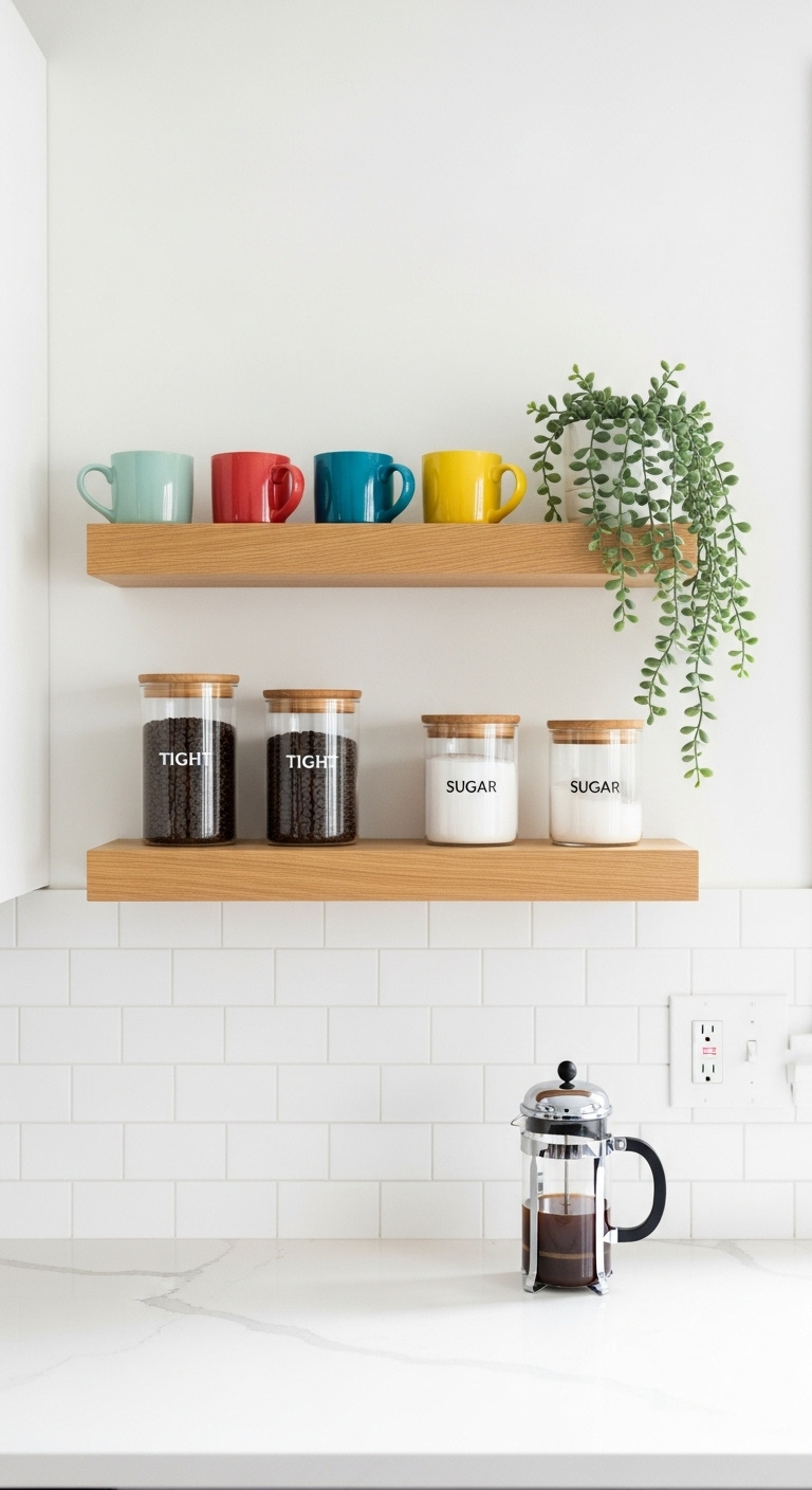 Vertical coffee bar with floating shelves glass canisters colorful mugs and French press