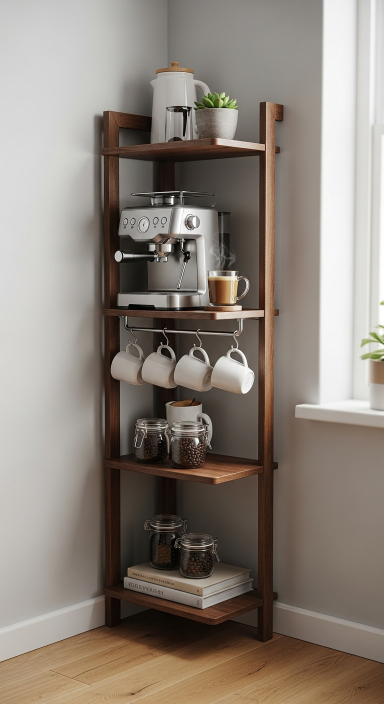 Vertical coffee corner with a compact espresso machine mugs coffee beans and a succulent on slim dark wood shelves in a small modern apartment