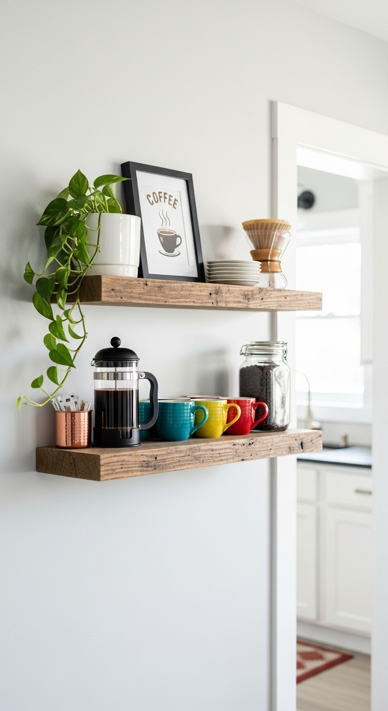 Vertical coffee station with rustic floating shelves French press colorful mugs and coffee beans