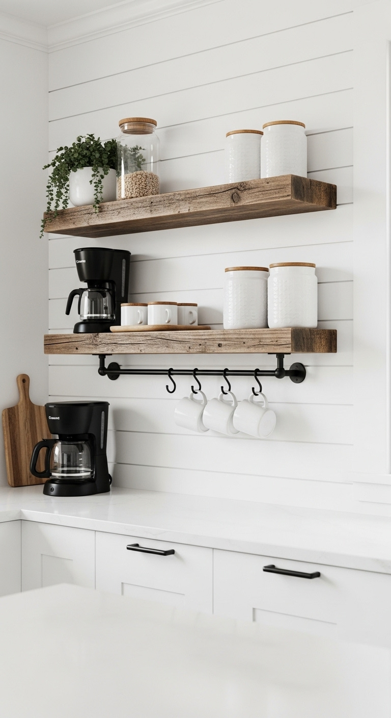 Vertical floating hutch wall shelf with rustic wood shelves black coffee maker white canisters and mugs on shiplap wall