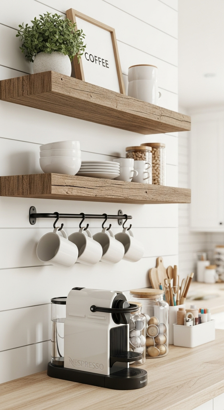 Vertical floating shelf nook with rustic wood shelves white Nespresso machine mugs and potted plant on shiplap wall