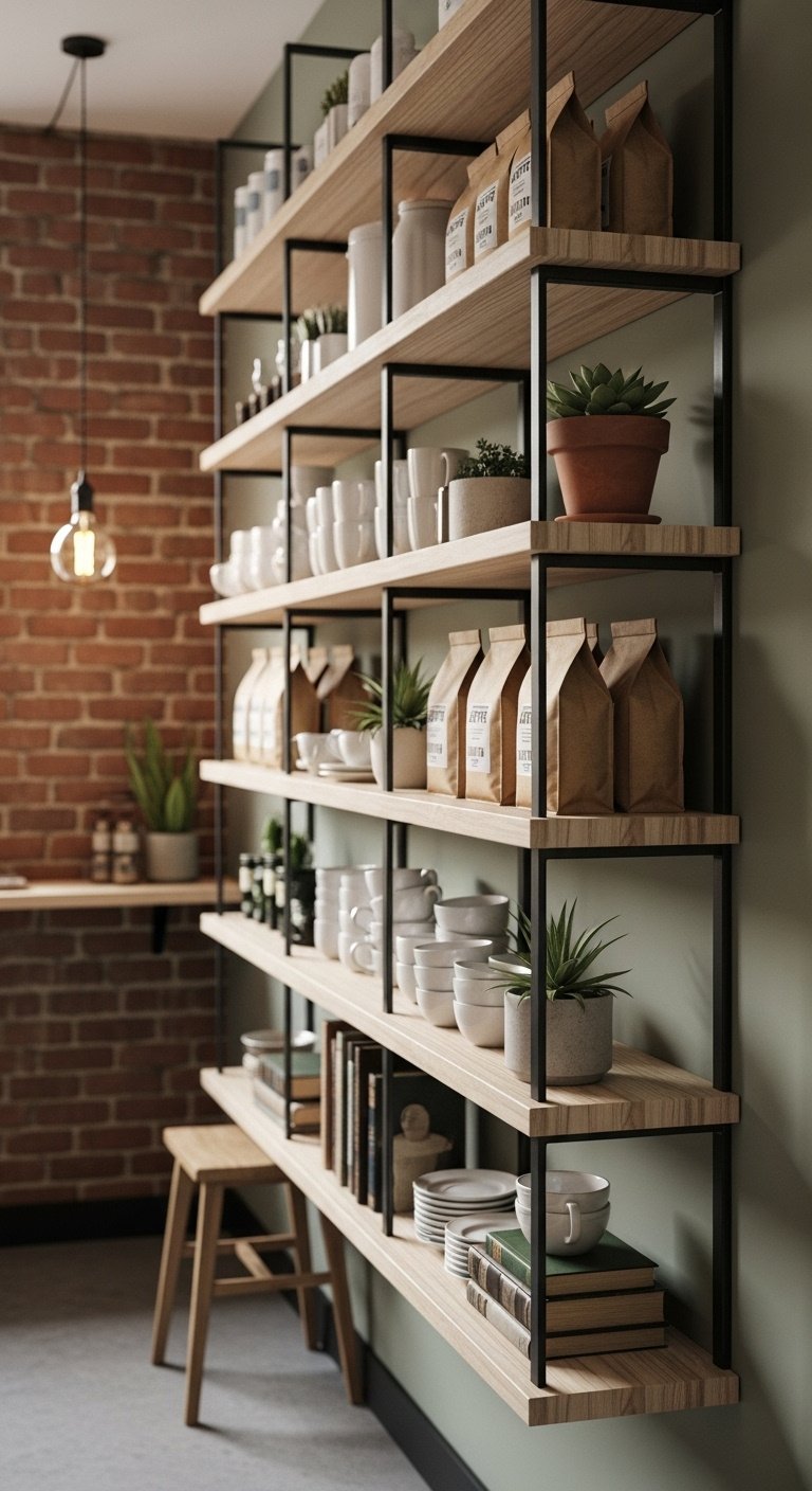 Vertical mini cafe interior with floor to ceiling wood shelves, white mugs, coffee, succulents, and Edison bulb, in a cozy rustic style