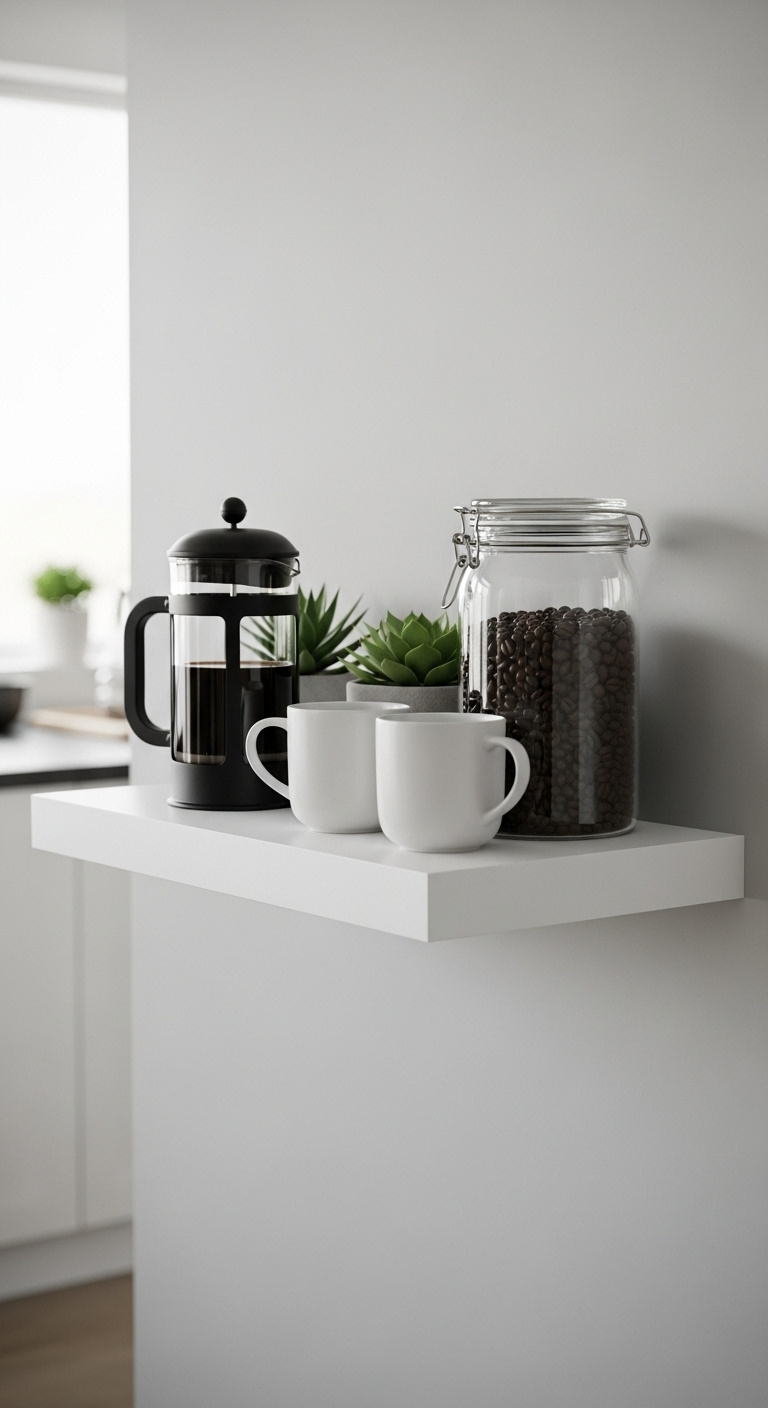 Vertical minimalist coffee station with a white floating shelf black French press white mugs coffee beans and a succulent