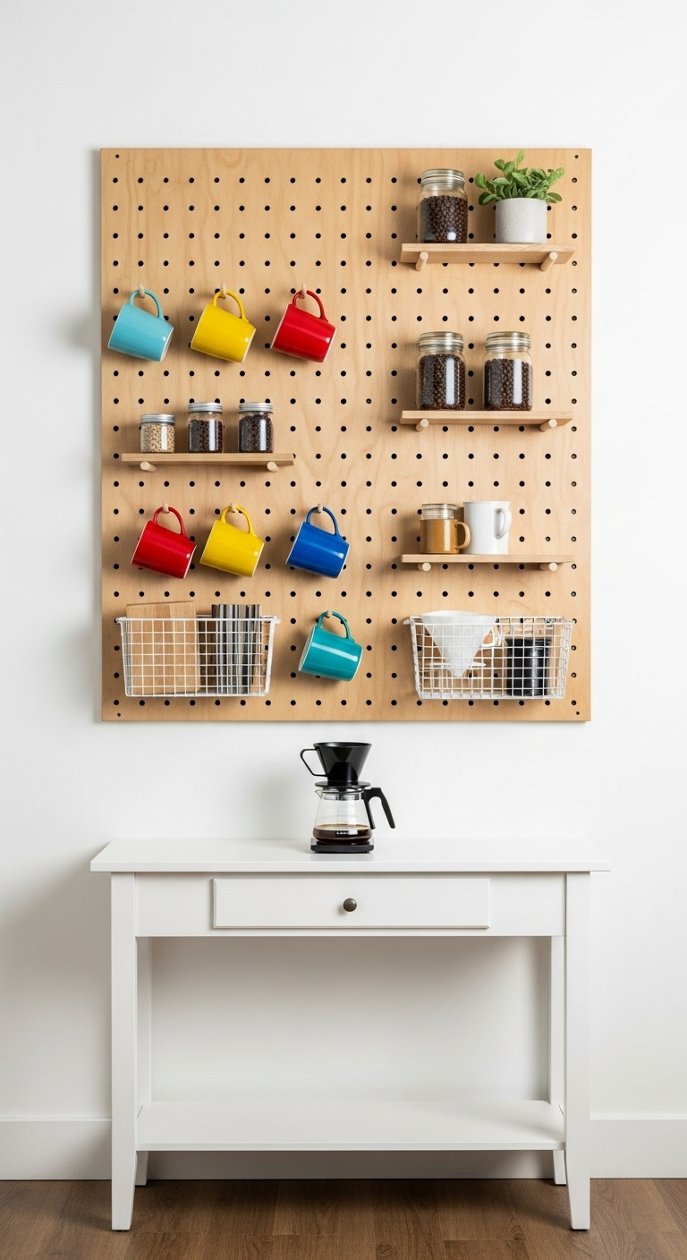 Vertical pegboard organizer above a white console table with hanging colorful mugs coffee beans and filters for an entryway coffee bar