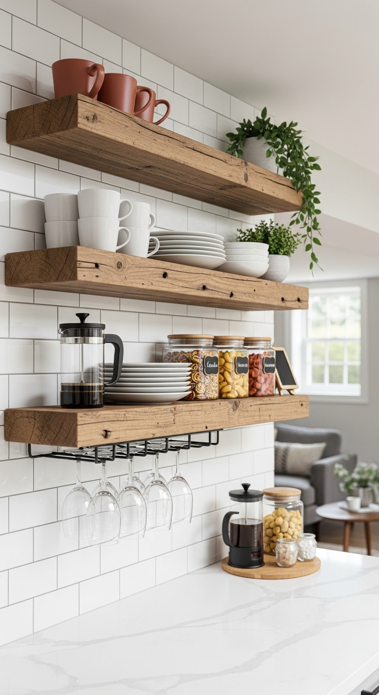 Vertical storage snack bar with rustic floating shelves on subway tile mugs snacks and wine glasses in a bright basement