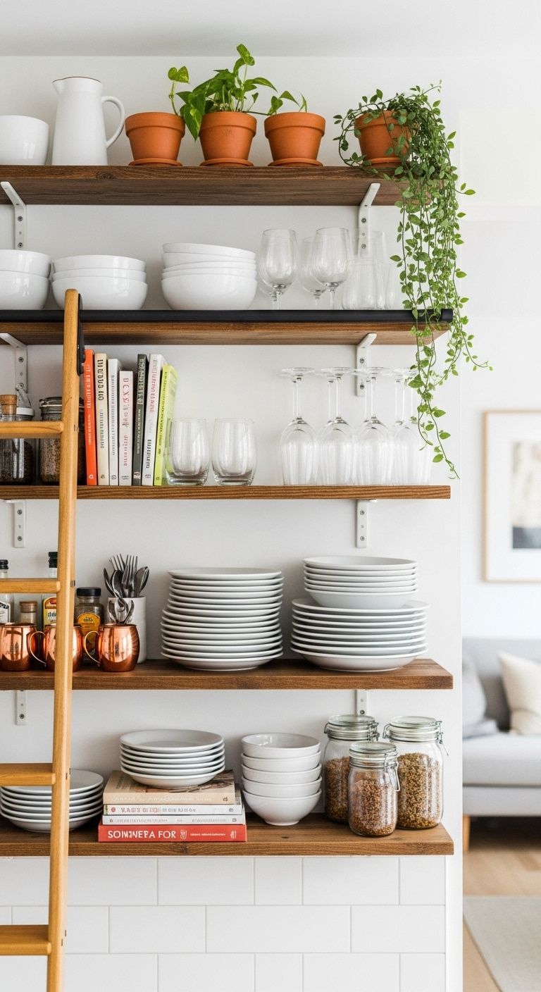 Vertical storage victory in small kitchen with floor-to-ceiling open reclaimed wood shelving and plants