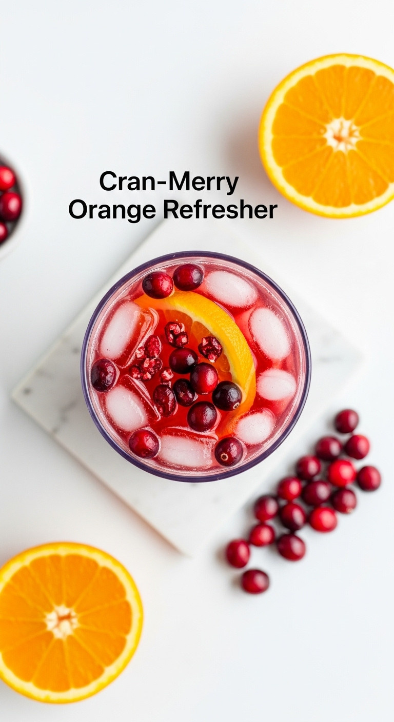 Vibrant Cran-Merry Orange Refresher with freeze-dried cranberries, orange slice, and fresh cranberries on a clean white background