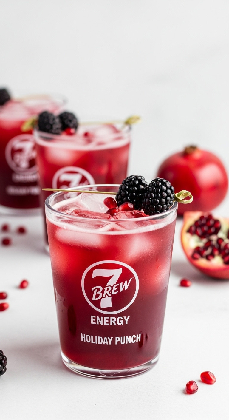 Vibrant Holiday Punch 7 Energy drink with blackberries and pomegranate seeds on a white surface with minimalist decor