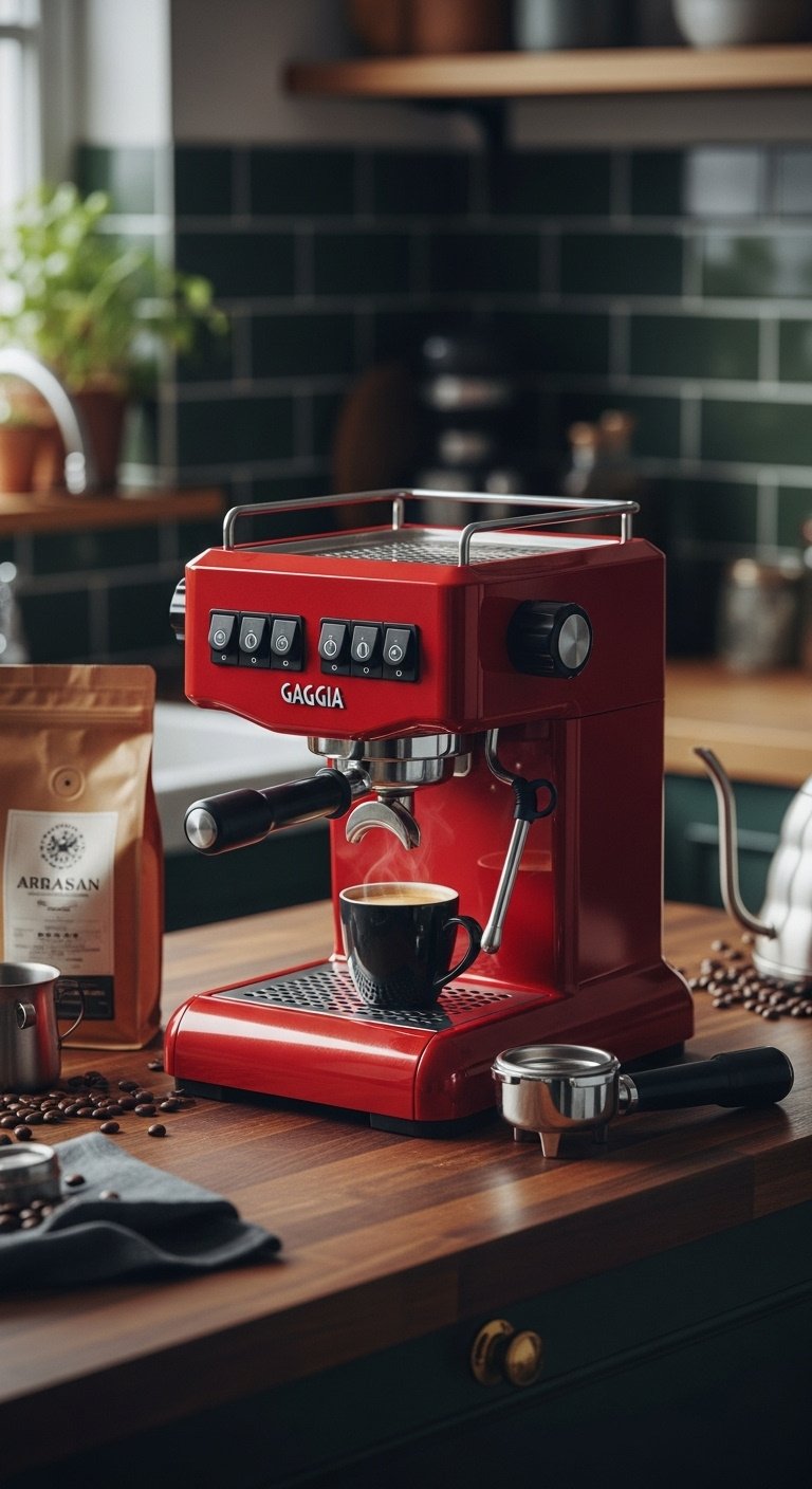 13 Pretty Espresso Machines That Look As Good As They Brew 2 Vibrant cherry red Gaggia Classic Pro espresso machine with rocker switches on a dark butcher block countertop