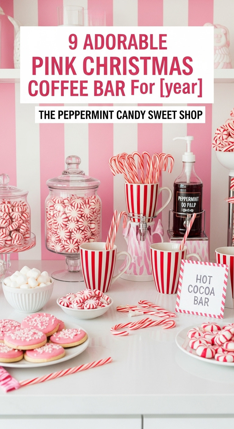 Vibrant coffee bar with pink and white peppermint candies candy cane striped mugs and peppermint syrup dispenser