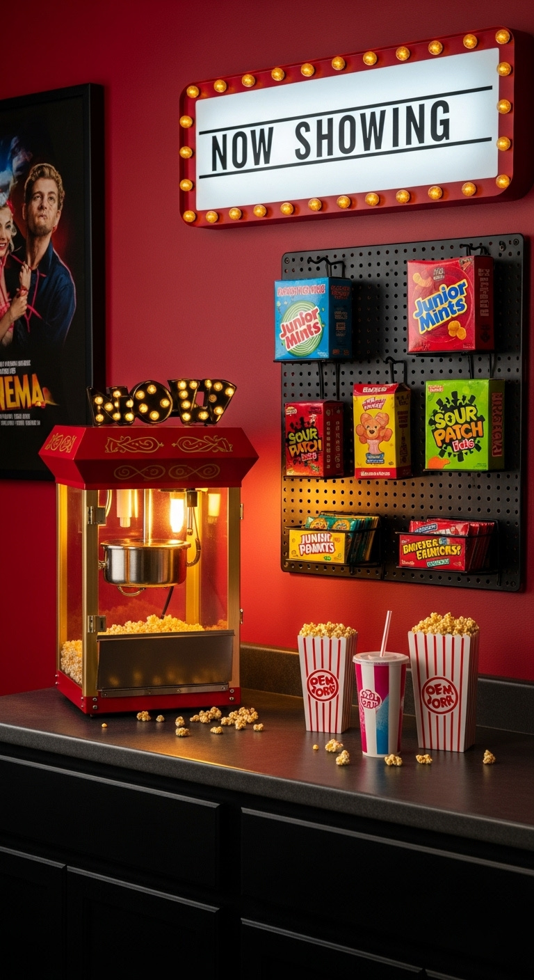 Vibrant home theater snack bar with a "Now Showing" sign pegboard full of candy and a popcorn machine on a red wall