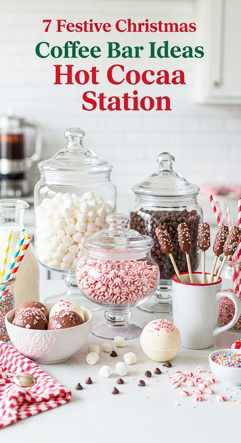Vibrant hot cocoa bar with apothecary jars of marshmallows chocolate chips crushed peppermints hot cocoa bombs and festive stir sticks