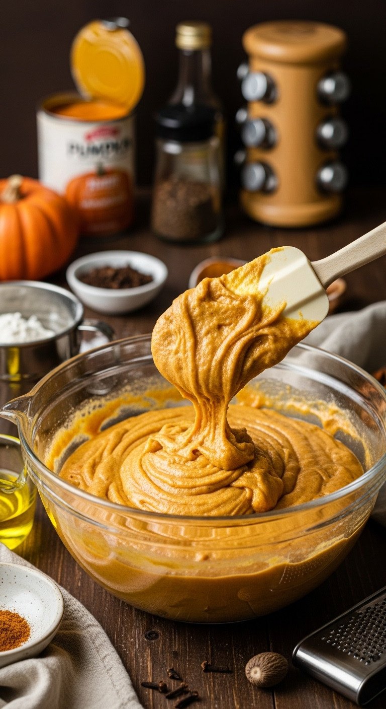 Vibrant orange pumpkin cake batter in a mixing bowl with a spatula on a dark wooden surface with sifter flour and whole spices