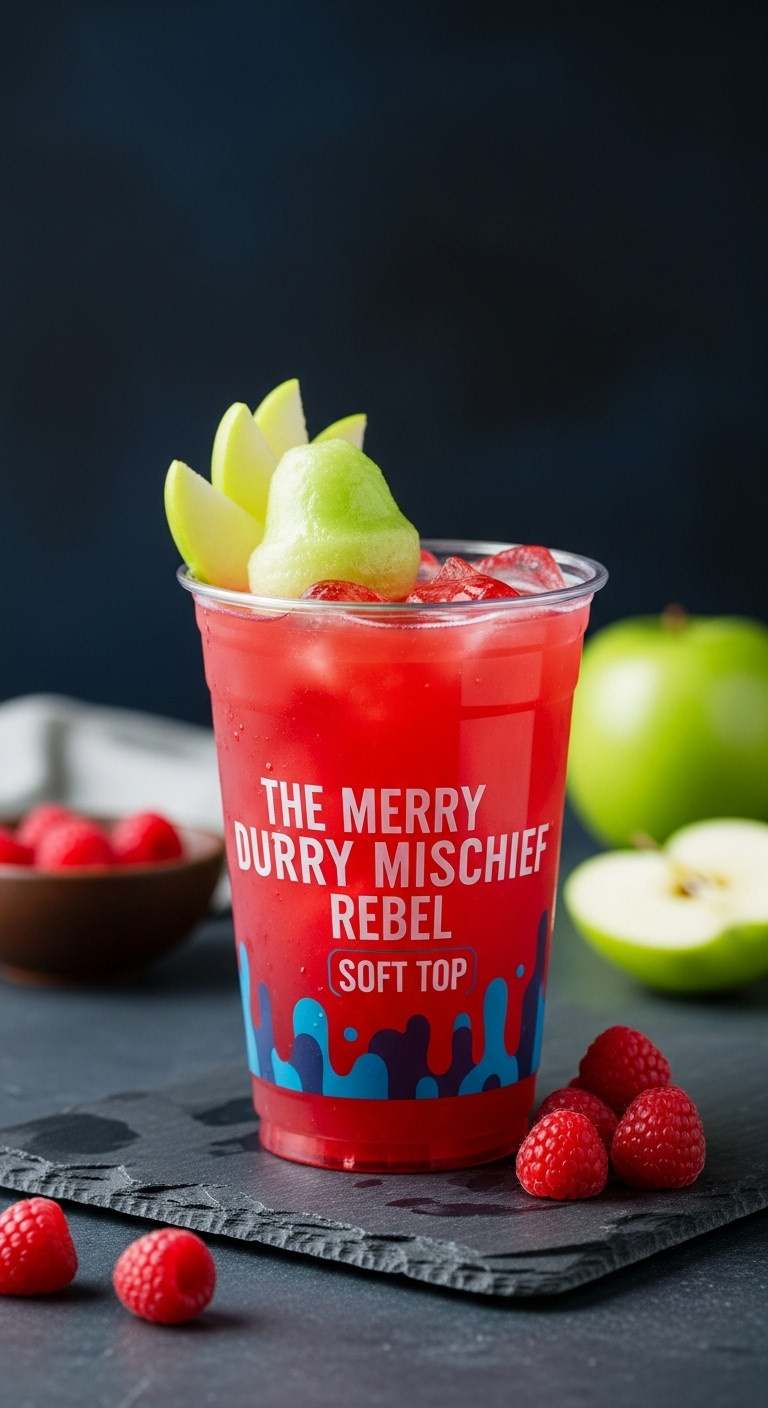 Vibrant red Merry Mischief Rebel with light green apple Soft Top, apple slice, and raspberries on a dark stone surface