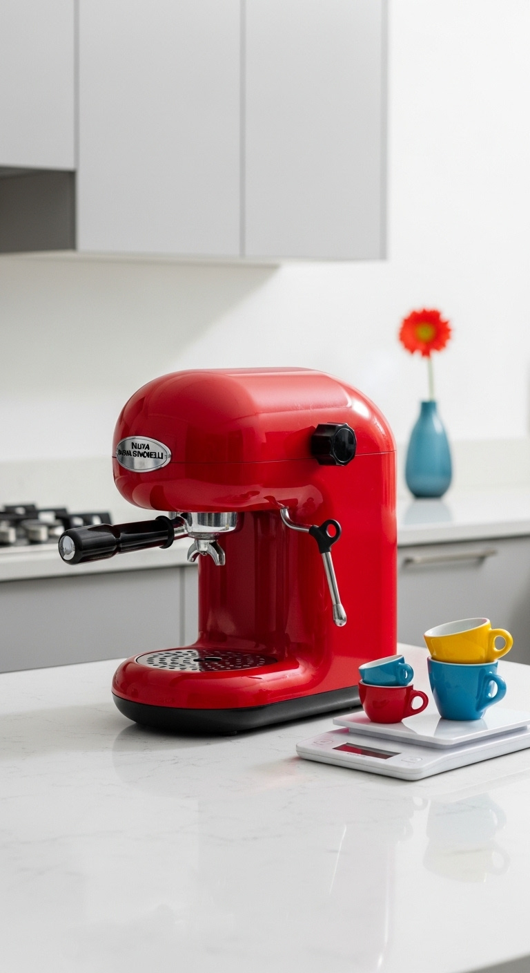 Vibrant red original Nuova Simonelli Oscar espresso machine on a white quartz countertop with colorful cups and flower