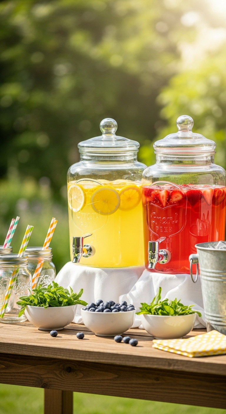 Vibrant summer lemonade bar outdoors with yellow and pink lemonade dispensers mason jars and fresh fruit