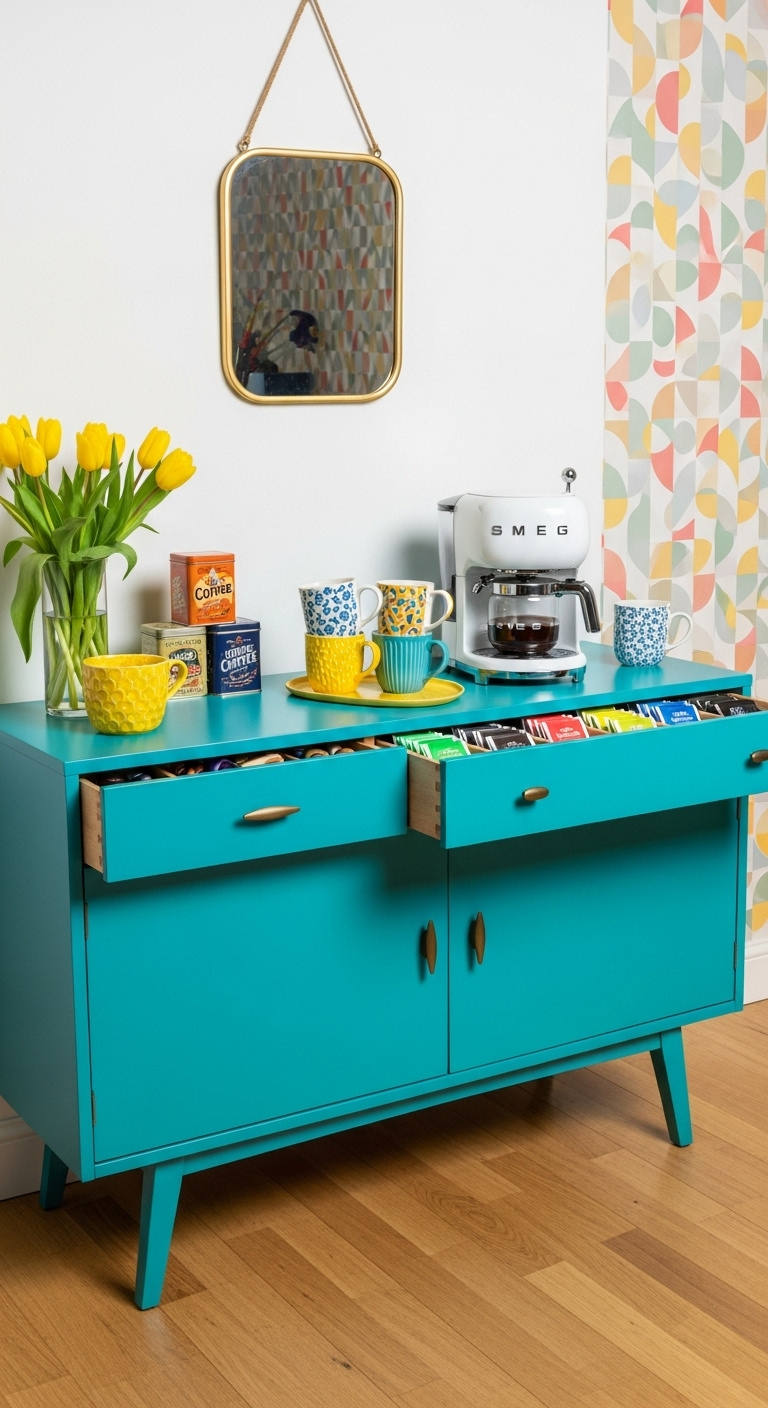 Vibrant teal mid-century modern sideboard styled as a coffee bar with a retro Smeg coffee maker, colorful mugs, and yellow tulips