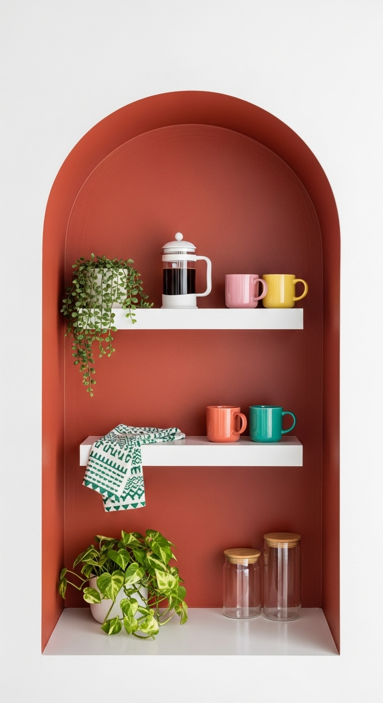 Vibrant terracotta painted arch coffee nook with white floating shelves French press and colorful mugs
