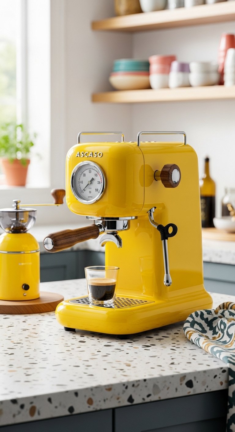13 Pretty Espresso Machines That Look As Good As They Brew 10 Vibrant yellow Ascaso Dream PID espresso machine with retro silhouette and wood handle on a terrazzo countertop