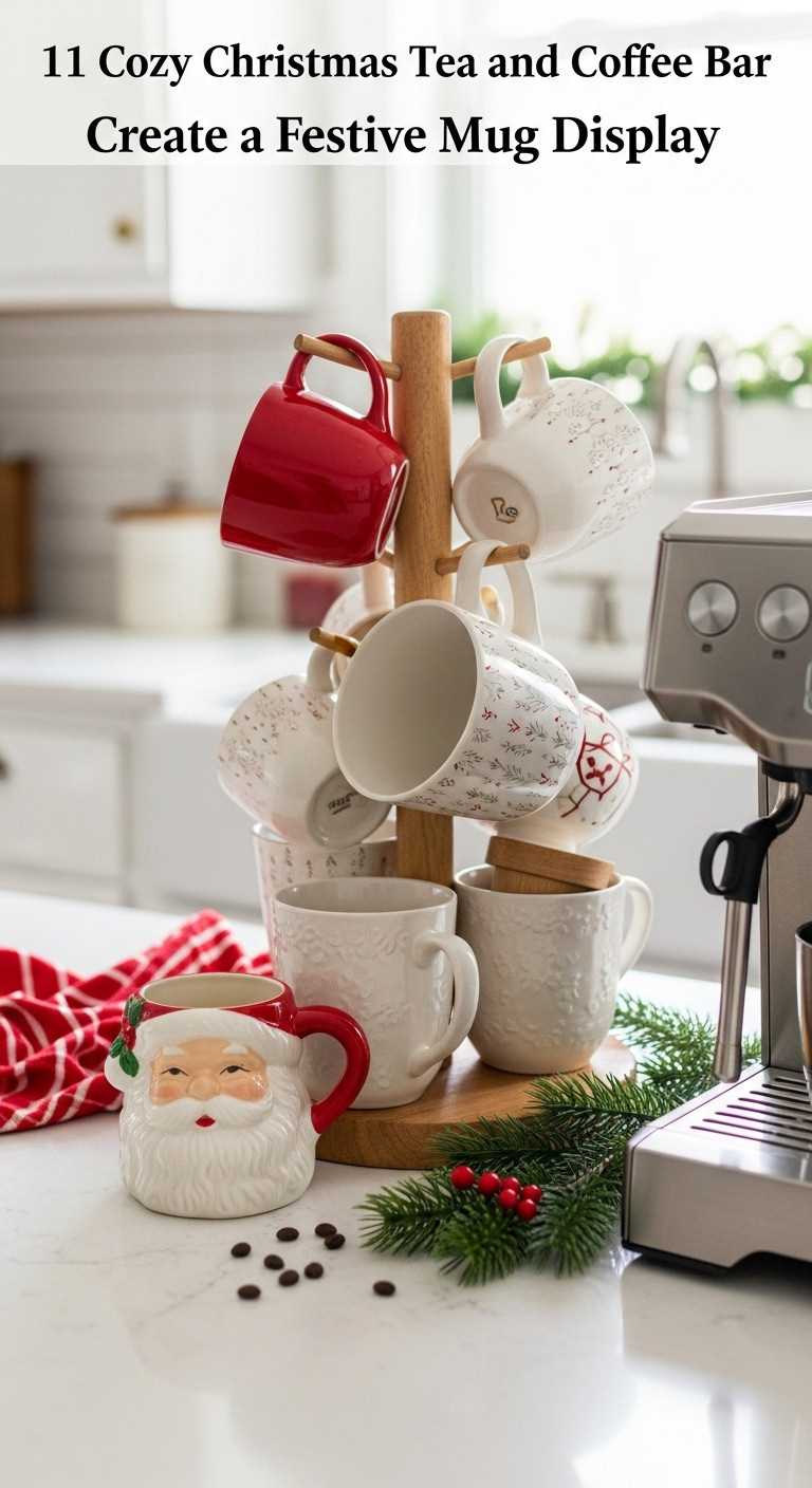 Vintage Santa and modern Christmas mugs on a tiered wooden rack next to a coffee machine with holly and coffee beans