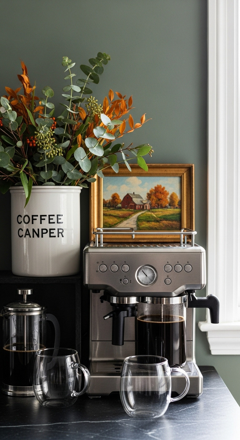 Vintage art and greenery coffee bar with an autumn landscape painting, eucalyptus, and dried orange foliage in a porcelain canister