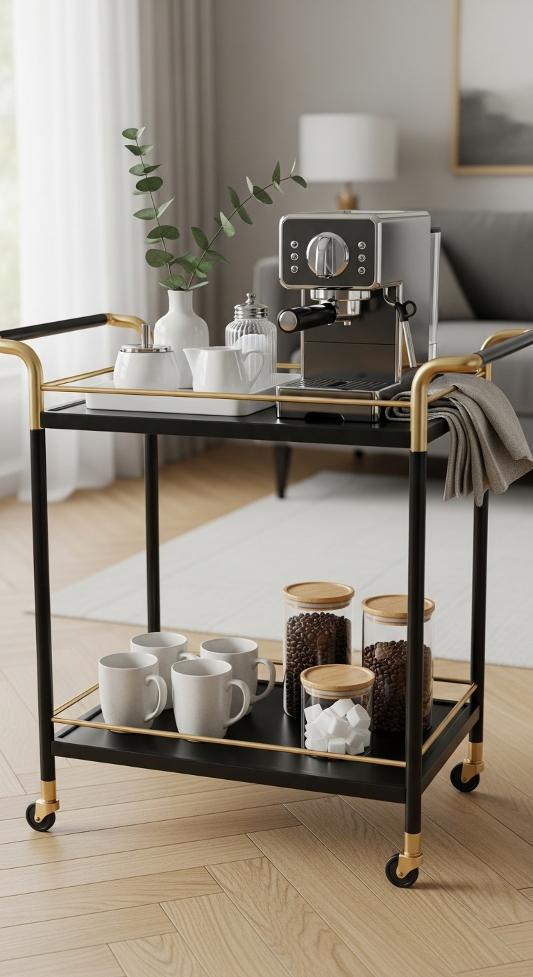 Vintage bar cart transformed into a high end coffee station with espresso machine and elegant mugs on a light oak floor